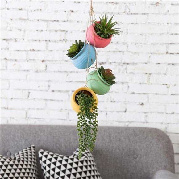 MyGift 4-Pot Bright Pastel Ceramic Hanging Flower Planter Set - Picture 6 of 7